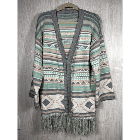 Lil Bee's Bohemian Cardigan Large Tribal Aztec Fringe Open Front Sweater Coat - Picture 1 of 7